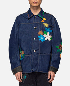 Flower Embroidered Chore Jacket (Blue)