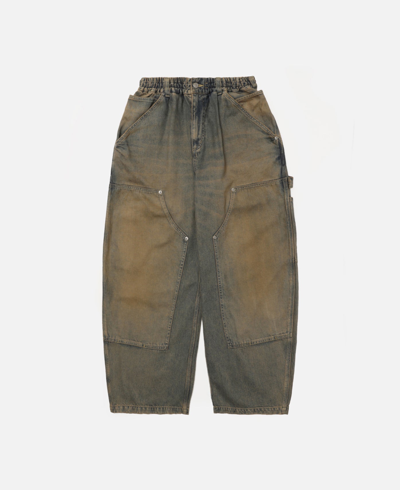 Vintage Dyed Selvedge Denim Double Knee Curved Worker Pants (Beige)