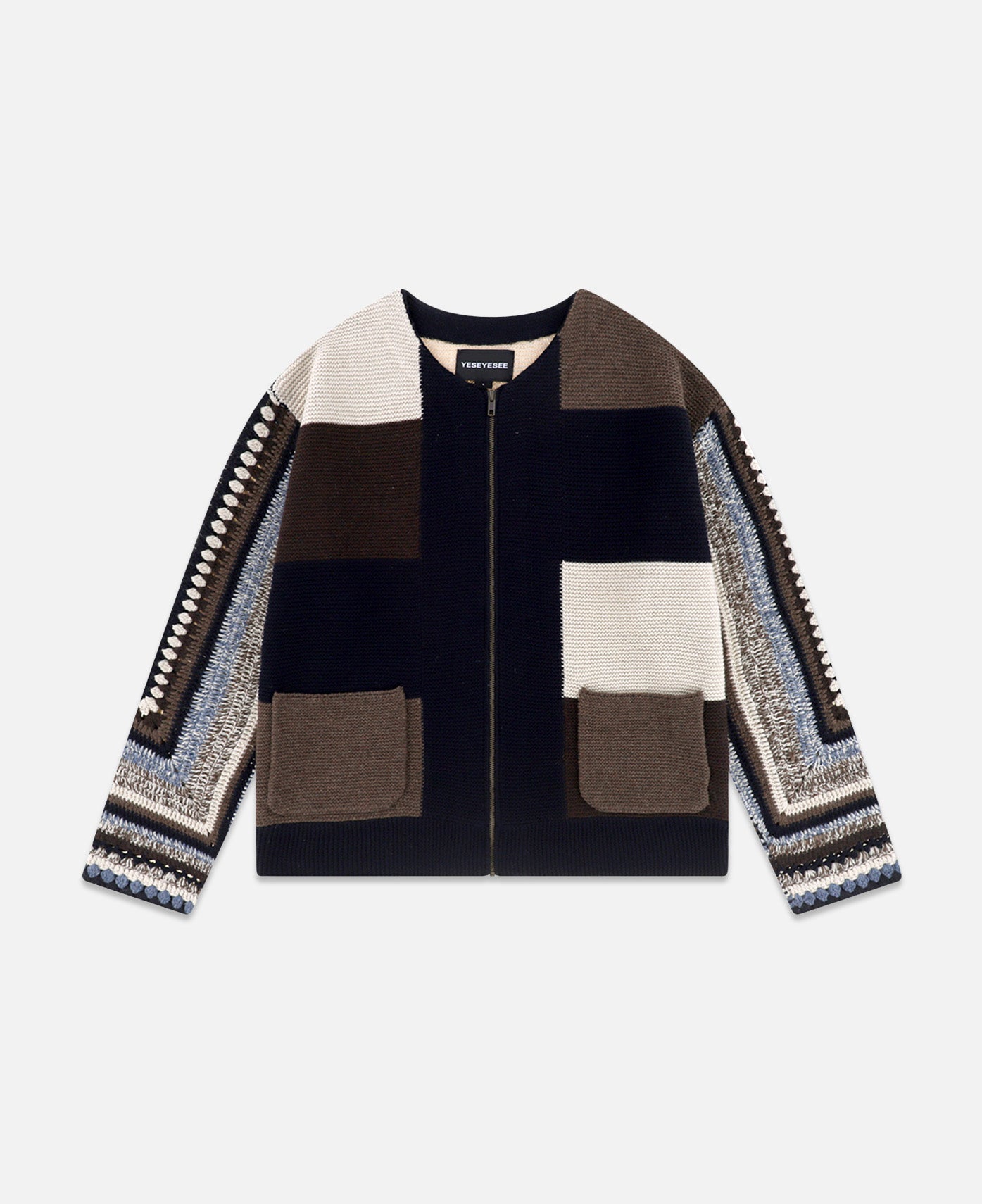 Color Block Croche Knit Zip Up (Multi)